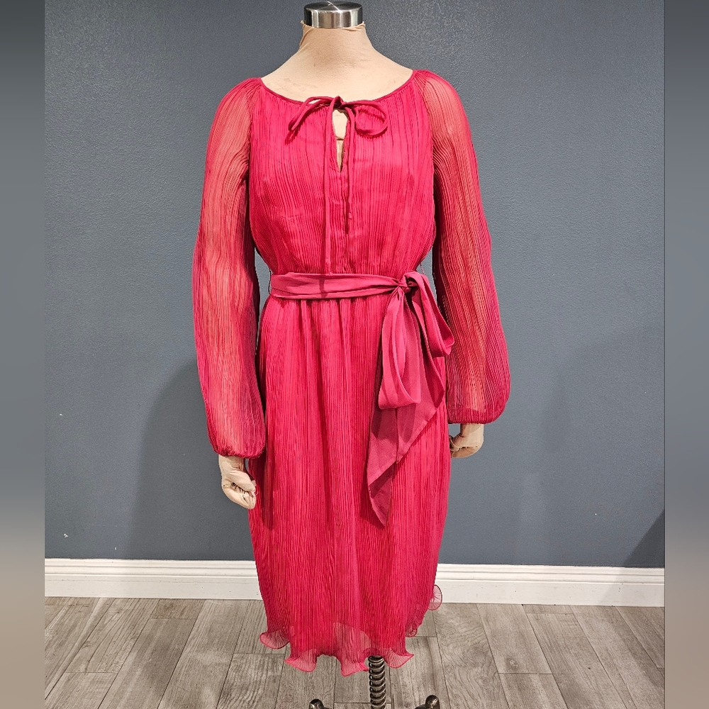 Vintage 50s 60s Women Pink Chiffon Pleated Belted Shift Dress M/L